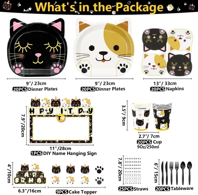 Alt view image 9 of 14 - 222 Pcs Cat Birthday Party Decorations - Cat Balloons, Birthday Banner, MEOW Garlands, DIY Hanging Sign, Cake Topper, Plates, Napkins, Cups, and Tablecloth for Pet Cat Birthday Party Supplies