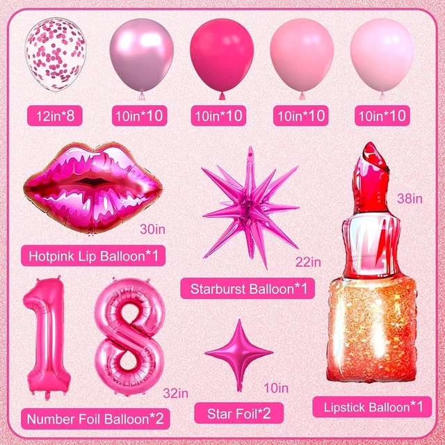 Alt view image 9 of 14 - 18th Pink Birthday Decorations, Hot Pink Party Supplies with Banner, Number Foil Balloon, Cake Topper, Fringe Curtain, Star Foil Balloons