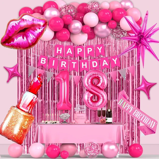 Alt view image 8 of 14 - 18th Pink Birthday Decorations, Hot Pink Party Supplies with Banner, Number Foil Balloon, Cake Topper, Fringe Curtain, Star Foil Balloons