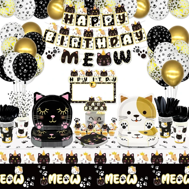 Alt view image 8 of 14 - 222 Pcs Cat Birthday Party Decorations - Cat Balloons, Birthday Banner, MEOW Garlands, DIY Hanging Sign, Cake Topper, Plates, Napkins, Cups, and Tablecloth for Pet Cat Birthday Party Supplies
