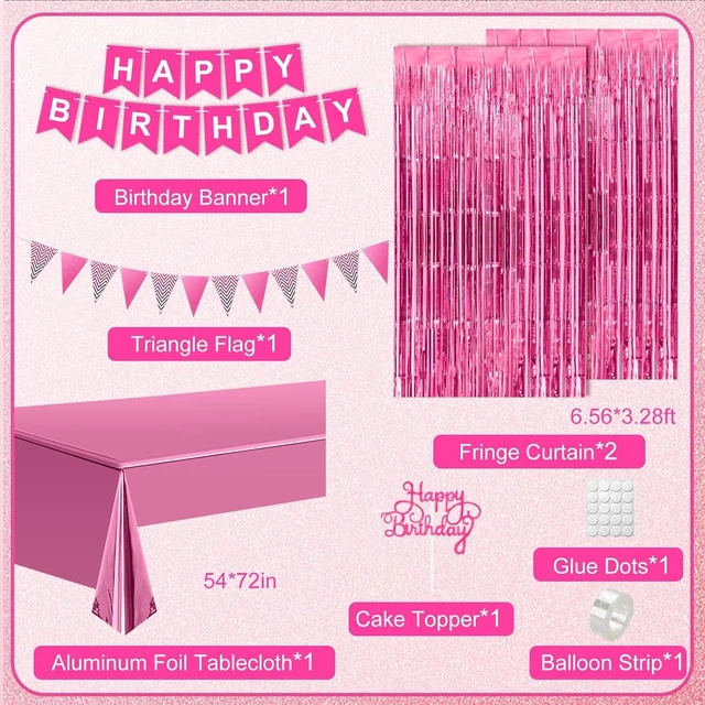 Alt view image 10 of 14 - 18th Pink Birthday Decorations, Hot Pink Party Supplies with Banner, Number Foil Balloon, Cake Topper, Fringe Curtain, Star Foil Balloons