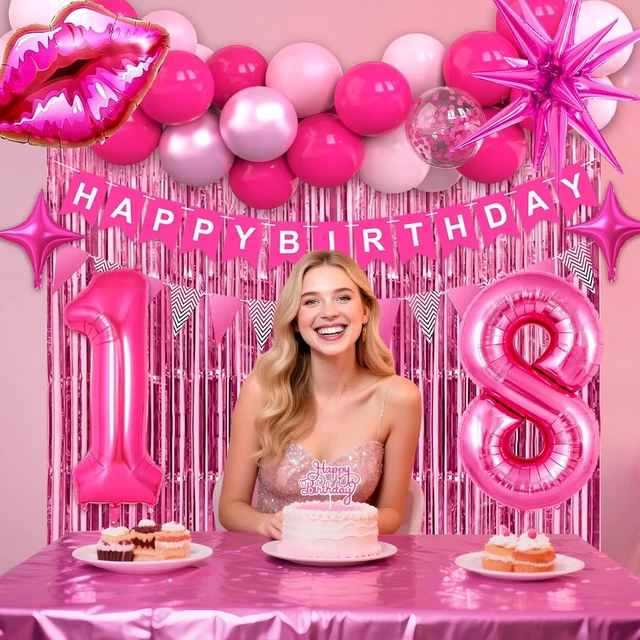 Alt view image 11 of 14 - 18th Pink Birthday Decorations, Hot Pink Party Supplies with Banner, Number Foil Balloon, Cake Topper, Fringe Curtain, Star Foil Balloons