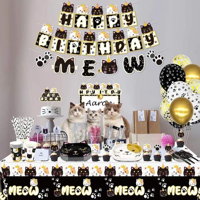 Alt view image 12 of 14 - 222 Pcs Cat Birthday Party Decorations - Cat Balloons, Birthday Banner, MEOW Garlands, DIY Hanging Sign, Cake Topper, Plates, Napkins, Cups, and Tablecloth for Pet Cat Birthday Party Supplies