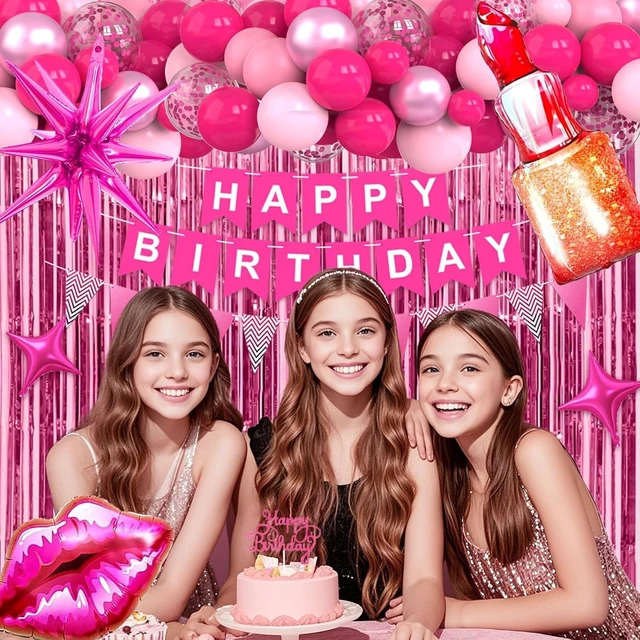 Alt view image 12 of 14 - 18th Pink Birthday Decorations, Hot Pink Party Supplies with Banner, Number Foil Balloon, Cake Topper, Fringe Curtain, Star Foil Balloons