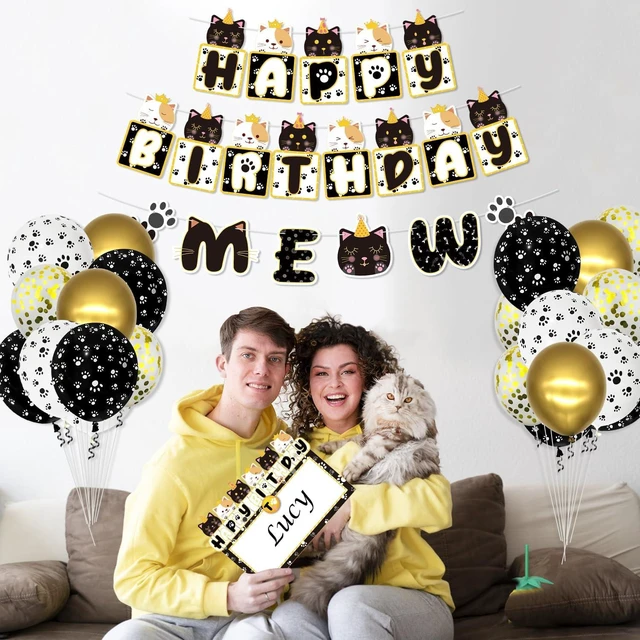 Alt view image 14 of 14 - 222 Pcs Cat Birthday Party Decorations - Cat Balloons, Birthday Banner, MEOW Garlands, DIY Hanging Sign, Cake Topper, Plates, Napkins, Cups, and Tablecloth for Pet Cat Birthday Party Supplies