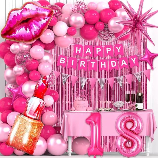 Alt view image 14 of 14 - 18th Pink Birthday Decorations, Hot Pink Party Supplies with Banner, Number Foil Balloon, Cake Topper, Fringe Curtain, Star Foil Balloons