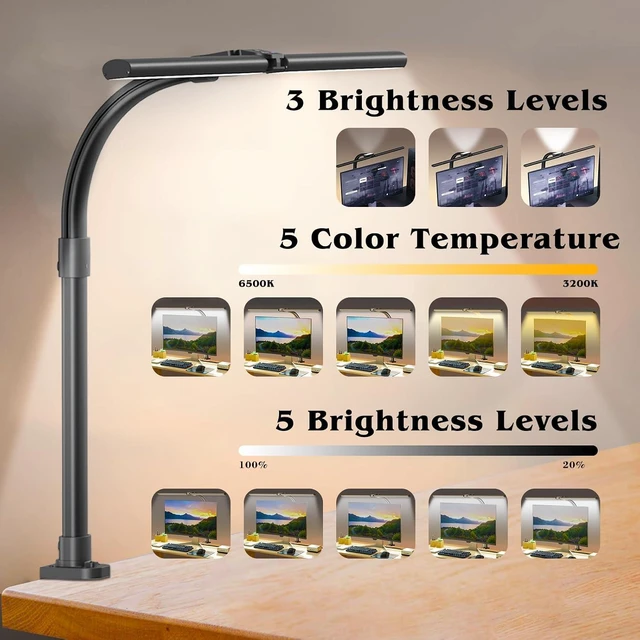 Alt view image 9 of 14 - AKRRYR Led Desk Lamp for Home Office,24W Bright Eye-Caring Desk Light with Clamp,5 brightness and 5 temperatures Dimmable Workbench Task Light, Adjustable Gooseneck Table Lamp for Monitor Study(black)