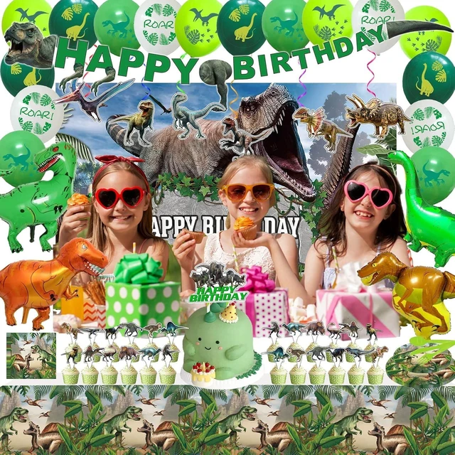 Alt view image 9 of 10 - Dinosaur Birthday Party Supplies Decorations Include Backdrop, Tablecloth, Birthday Banners, Cake Decoration, Cupcake Toppers, Latex Balloons, Hanging Swirls, Tableware Set, Aluminum foil Balloon