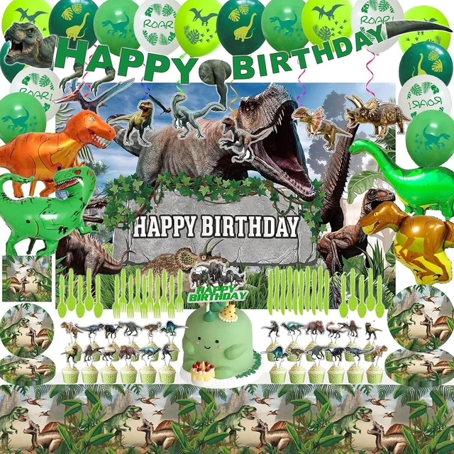 Alt view image 6 of 10 - Dinosaur Birthday Party Supplies Decorations Include Backdrop, Tablecloth, Birthday Banners, Cake Decoration, Cupcake Toppers, Latex Balloons, Hanging Swirls, Tableware Set, Aluminum foil Balloon