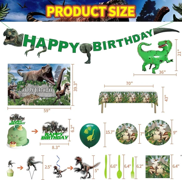Alt view image 8 of 10 - Dinosaur Birthday Party Supplies Decorations Include Backdrop, Tablecloth, Birthday Banners, Cake Decoration, Cupcake Toppers, Latex Balloons, Hanging Swirls, Tableware Set, Aluminum foil Balloon
