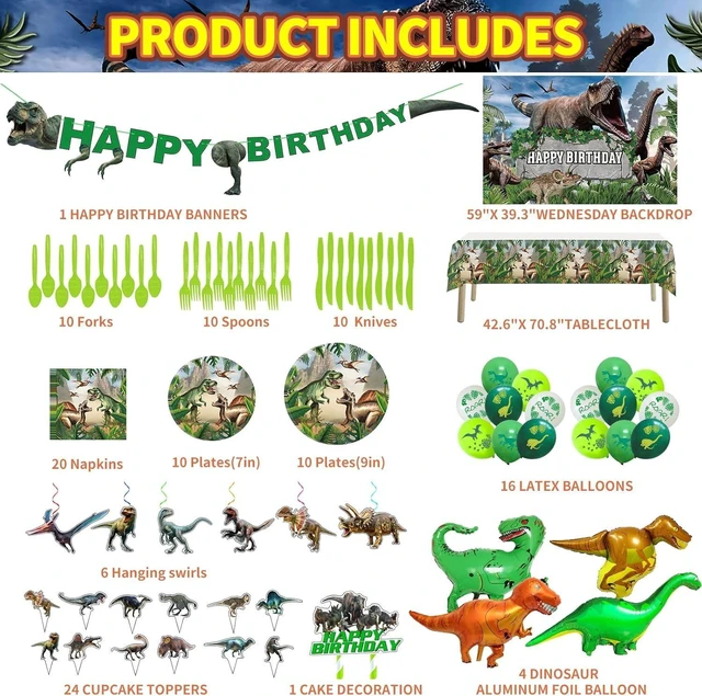 Alt view image 7 of 10 - Dinosaur Birthday Party Supplies Decorations Include Backdrop, Tablecloth, Birthday Banners, Cake Decoration, Cupcake Toppers, Latex Balloons, Hanging Swirls, Tableware Set, Aluminum foil Balloon
