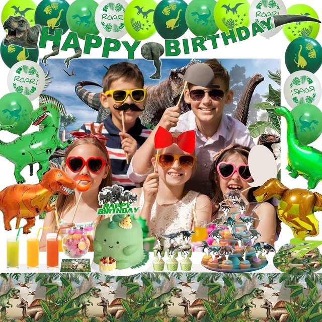 Alt view image 10 of 10 - Dinosaur Birthday Party Supplies Decorations Include Backdrop, Tablecloth, Birthday Banners, Cake Decoration, Cupcake Toppers, Latex Balloons, Hanging Swirls, Tableware Set, Aluminum foil Balloon