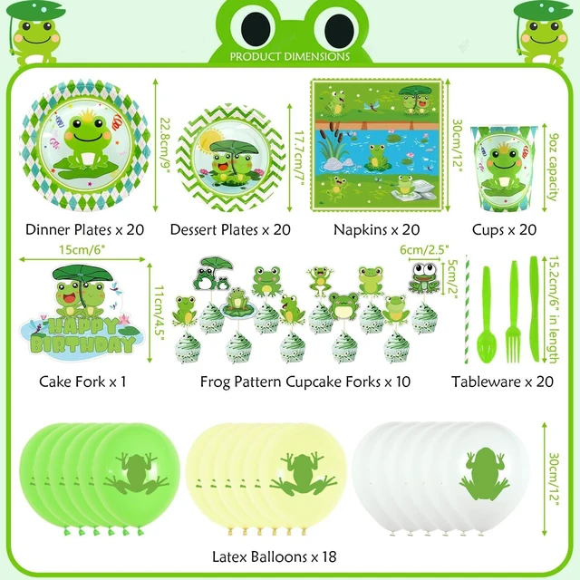 Alt view image 9 of 14 - KEFAN Frog Birthday Party Decorations, Frog Party Supplies Tableware including Frog Background, Paper Plates, Balloons for Green Frog Camping Baby Shower Kids Birthday Dinnerware Party, Serves 20