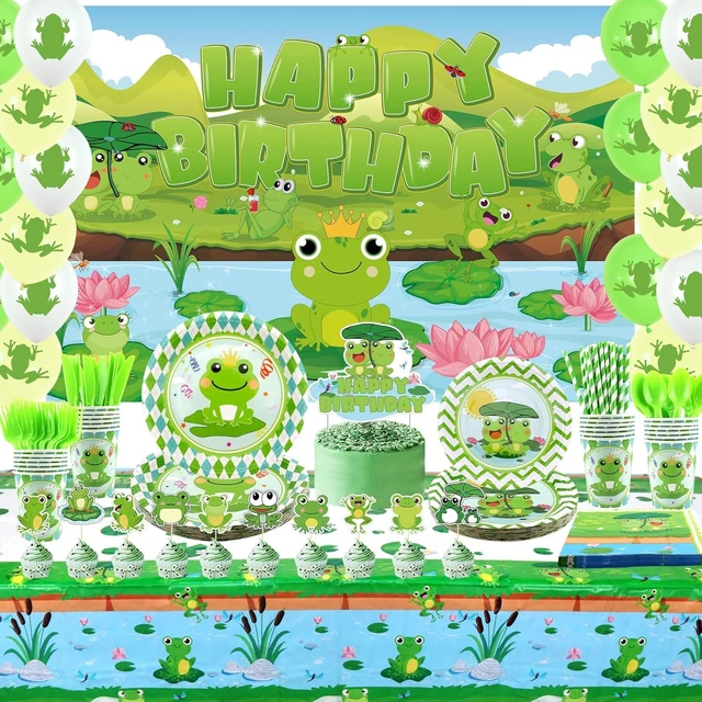 Alt view image 8 of 14 - KEFAN Frog Birthday Party Decorations, Frog Party Supplies Tableware including Frog Background, Paper Plates, Balloons for Green Frog Camping Baby Shower Kids Birthday Dinnerware Party, Serves 20