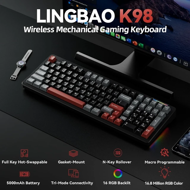 Alt view image 9 of 14 - LINGBAO K98 Wireless Mechanical Gaming Keyboard, Tri-Mode BT5.0/2.4GHz/USB-C, Gasket Custom Hot-Swappable Linear Switches Creamy Keyboard with Number Pad, RGB Backlit Gaming Keyboard for PC Laptop