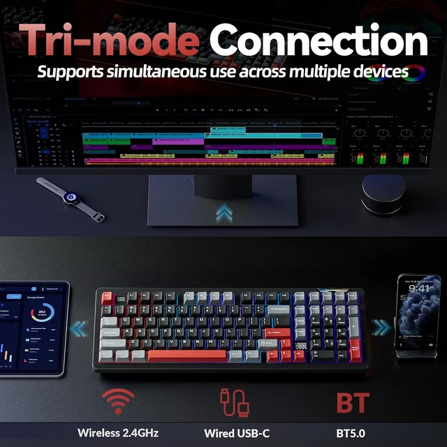 Alt view image 10 of 14 - LINGBAO K98 Wireless Mechanical Gaming Keyboard, Tri-Mode BT5.0/2.4GHz/USB-C, Gasket Custom Hot-Swappable Linear Switches Creamy Keyboard with Number Pad, RGB Backlit Gaming Keyboard for PC Laptop