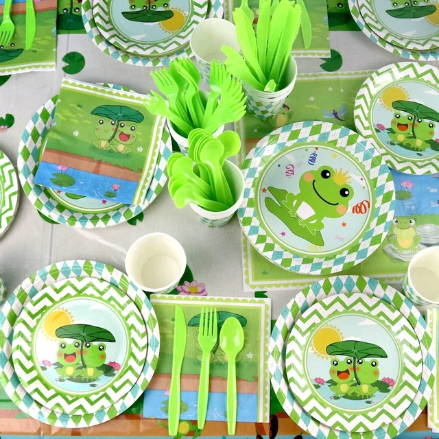 Alt view image 13 of 14 - KEFAN Frog Birthday Party Decorations, Frog Party Supplies Tableware including Frog Background, Paper Plates, Balloons for Green Frog Camping Baby Shower Kids Birthday Dinnerware Party, Serves 20