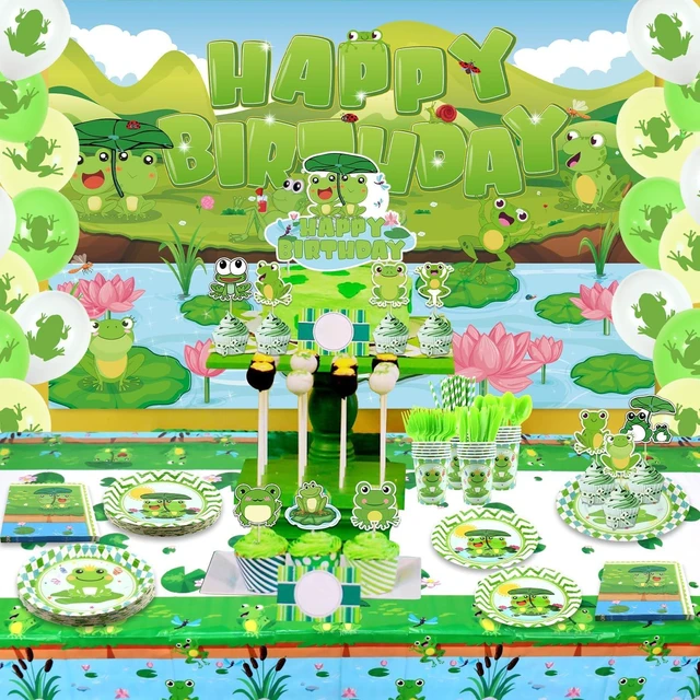 Alt view image 14 of 14 - KEFAN Frog Birthday Party Decorations, Frog Party Supplies Tableware including Frog Background, Paper Plates, Balloons for Green Frog Camping Baby Shower Kids Birthday Dinnerware Party, Serves 20