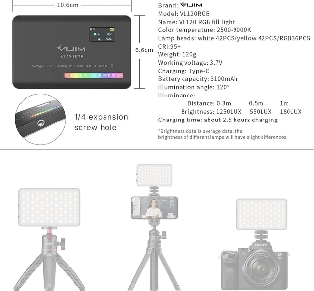 Alt view image 14 of 14 - VIJIM VL120 RGB Video Light, Portable LED Camera Light Panel 0-360 Full Color, CRI 95+ 2500-9000K LED 3100mAh Rechargeable DSLR Lighting for Vlogging, Photography, Video Conference