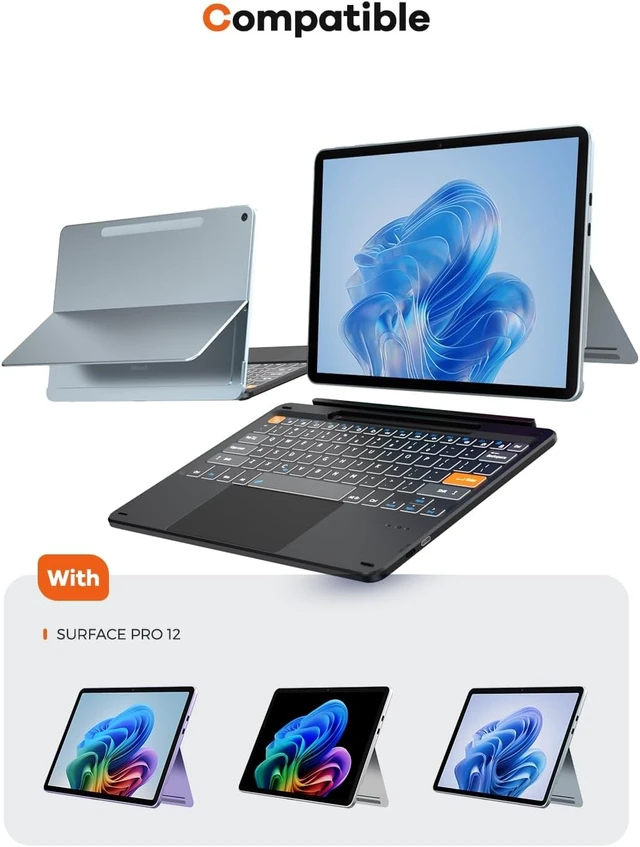 Alt view image 9 of 14 - Doohoeek Surface Pro 12 12-inch 2025 Keyboard, Bluetooth Keyboard with Touch Pad & Pen Slot & Lighting Keys Compatible with Surface Pro Copilot+ 12", Ultra-Slim Wireless Keypad for Windows 11