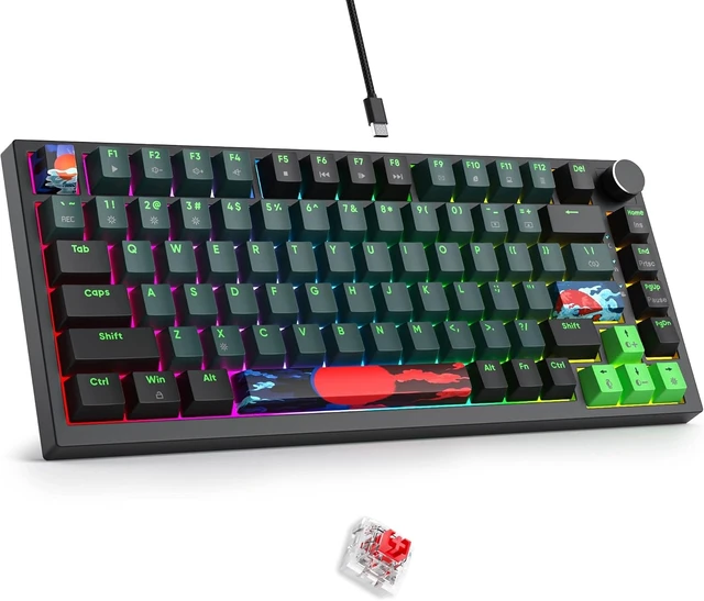 Alt view image 8 of 14 - Fogruaden Wired 75% Percent Mechanical Keyboard Hot Swappable, Red Switch, RGB Backlit, 82 Keys TKL Mechanical Keyboard, NKRO Compact Gaming Keyboard, Volume Control Knob (Soundwave)