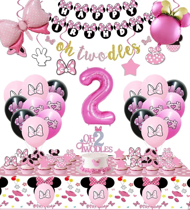 Alt view image 8 of 14 - Pink 2nd Birthday Party Supplies, Oh Twodles Girl Second Party Decorations Includes Happy Birthday Banner, Hanging Swirls, Tablecloth, Cake Cupcake Toppers, Bow Foil Balloon, Latex Balloons