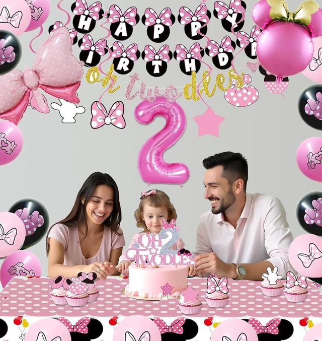 Alt view image 9 of 14 - Pink 2nd Birthday Party Supplies, Oh Twodles Girl Second Party Decorations Includes Happy Birthday Banner, Hanging Swirls, Tablecloth, Cake Cupcake Toppers, Bow Foil Balloon, Latex Balloons