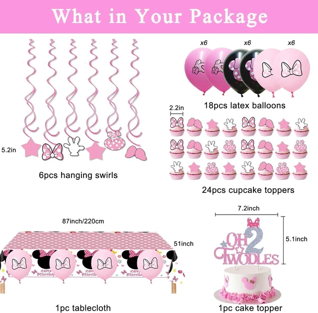 Alt view image 11 of 14 - Pink 2nd Birthday Party Supplies, Oh Twodles Girl Second Party Decorations Includes Happy Birthday Banner, Hanging Swirls, Tablecloth, Cake Cupcake Toppers, Bow Foil Balloon, Latex Balloons