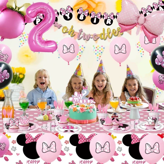 Alt view image 12 of 14 - Pink 2nd Birthday Party Supplies, Oh Twodles Girl Second Party Decorations Includes Happy Birthday Banner, Hanging Swirls, Tablecloth, Cake Cupcake Toppers, Bow Foil Balloon, Latex Balloons