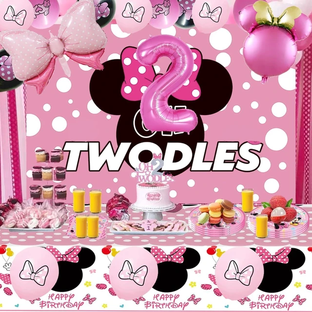 Alt view image 13 of 14 - Pink 2nd Birthday Party Supplies, Oh Twodles Girl Second Party Decorations Includes Happy Birthday Banner, Hanging Swirls, Tablecloth, Cake Cupcake Toppers, Bow Foil Balloon, Latex Balloons
