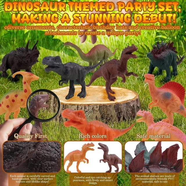 Alt view image 11 of 14 - 26 PCS Jungle Animal Birthday Party Decorations with Dinosaur Figurines, Mini Hats & Balloons, Cake Toppers for Birthday Party, Wild Animals Party Supplies(Dinosaur)