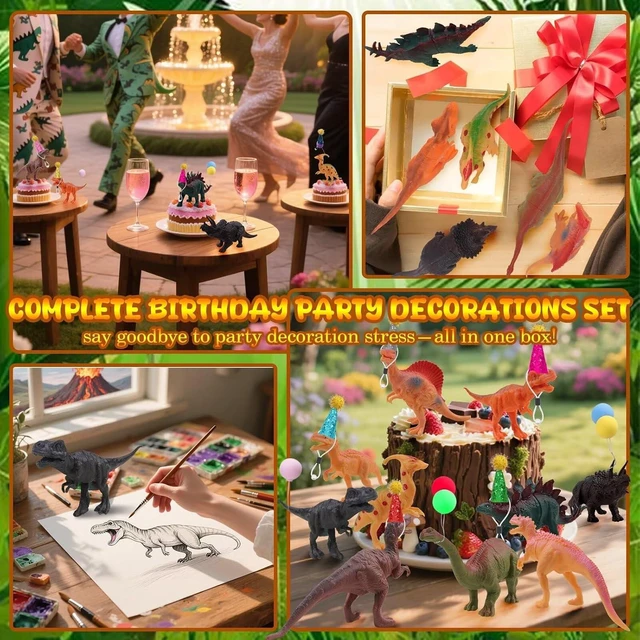 Alt view image 13 of 14 - 26 PCS Jungle Animal Birthday Party Decorations with Dinosaur Figurines, Mini Hats & Balloons, Cake Toppers for Birthday Party, Wild Animals Party Supplies(Dinosaur)