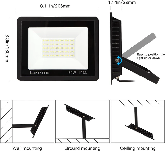 Alt view image 13 of 14 - Ceena 2 Pack 60W Plug in LED Flood Light Outdoor, 6000lm Super Bright Floodlight with Switch and 5.9FT Wire, IP66 Waterproof 6000K LED Work Light for Garage, Yard, Patio, Front Door