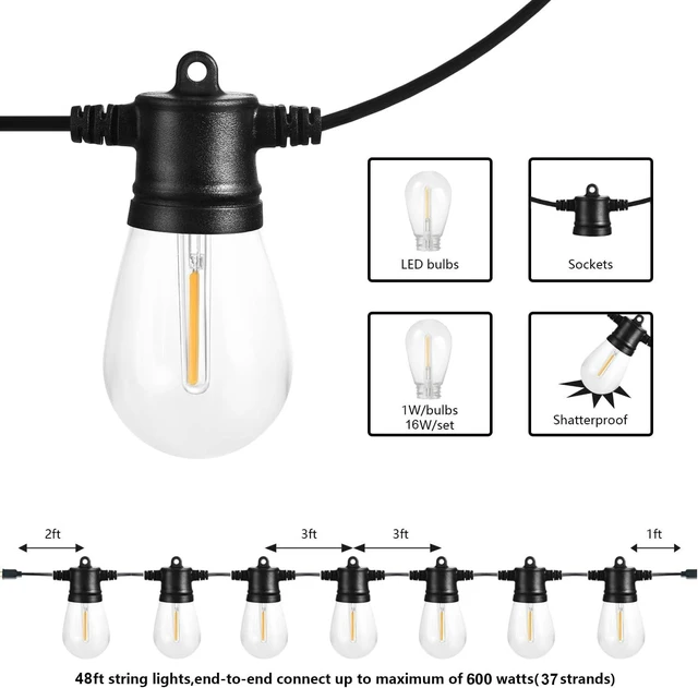 Alt view image 9 of 14 - SUNTHIN Outdoor String Lights, 48FT Patio Lights with 16 LED Shatterproof Bulbs for Outside, Backyard, Deck, Porch, Garden, Bistro, Cafe, Party