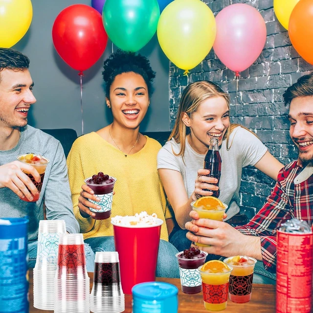 Alt view image 13 of 14 - 120 Pcs 16oz Spider Web Party Disposable Cups, Red & Blue Themed Birthday Drinkware Supplies & Holiday Party Coffee Wine Tea Drinks