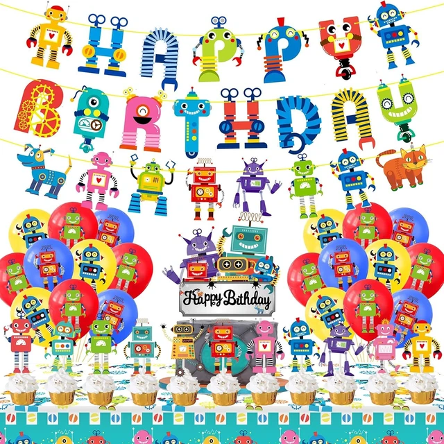 Alt view image 8 of 14 - Robot Birthday Party Decorations Robot Happy Birthday Banners Robot Cupcake Toppers Cake Topper Balloons Tablecloth for Boys Gear Robot Party Supplies