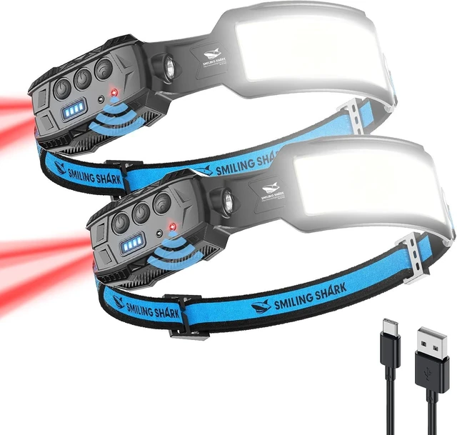 Alt view image 8 of 14 - Smiling Shark Headlamp, 2 Pack Head Lamps Led Rechargeable 6 Modes 7*White Lights 270° Lighting Red Tail Light for Camping Fishing Repairation, LED-Headlamp-Rechargeable-Light