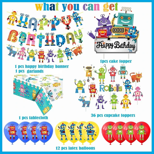 Alt view image 9 of 14 - Robot Birthday Party Decorations Robot Happy Birthday Banners Robot Cupcake Toppers Cake Topper Balloons Tablecloth for Boys Gear Robot Party Supplies