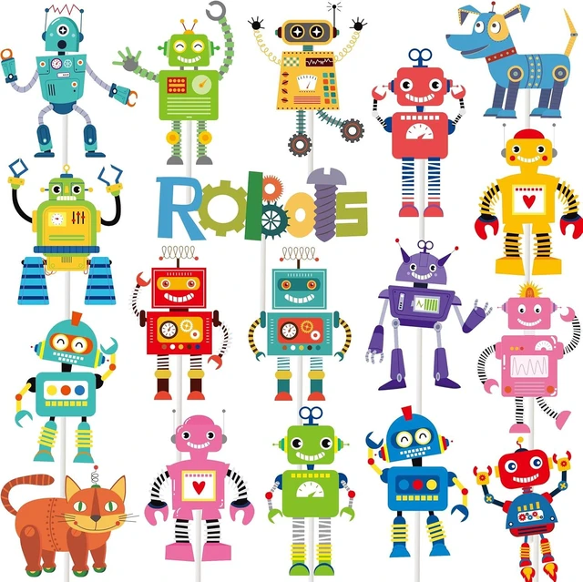 Alt view image 12 of 14 - Robot Birthday Party Decorations Robot Happy Birthday Banners Robot Cupcake Toppers Cake Topper Balloons Tablecloth for Boys Gear Robot Party Supplies