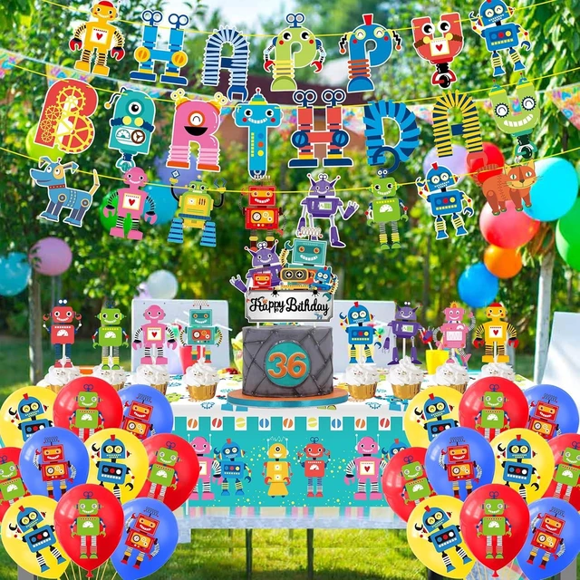 Alt view image 14 of 14 - Robot Birthday Party Decorations Robot Happy Birthday Banners Robot Cupcake Toppers Cake Topper Balloons Tablecloth for Boys Gear Robot Party Supplies