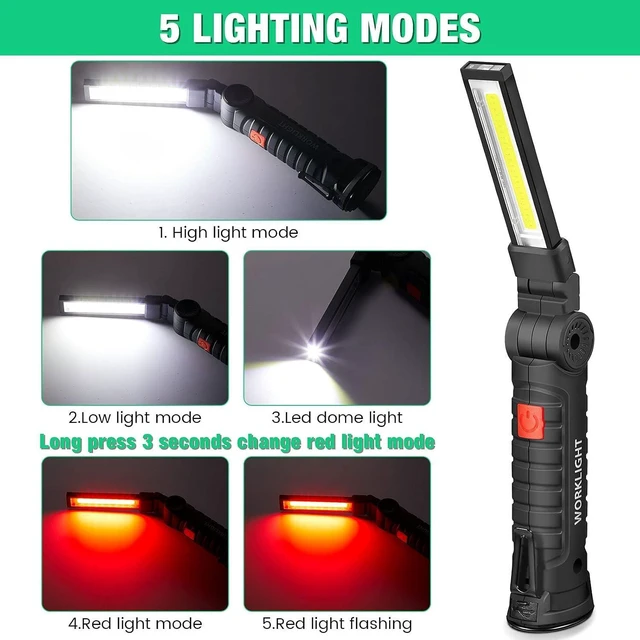 Alt view image 10 of 14 - Honoson 4 Pieces LED Work Light Cob Rechargeable Work Flashlight with Magnetic Base, Hanging Hook and 360° Rotate 5 Modes Portable LED Flashlight for Car Repair, Household and Outdoor(Large)