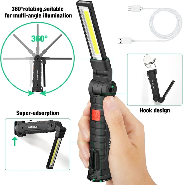 Alt view image 9 of 14 - Honoson 4 Pieces LED Work Light Cob Rechargeable Work Flashlight with Magnetic Base, Hanging Hook and 360° Rotate 5 Modes Portable LED Flashlight for Car Repair, Household and Outdoor(Large)