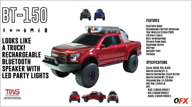 Alt view image 6 of 6 - QFX Bluetooth 150 Pickup Truck Replica Speaker, 3-inch Speakers, Hands Free Link, Built-in Microphone, FM Radio and LED Party Lights, Red - BT-150-RED