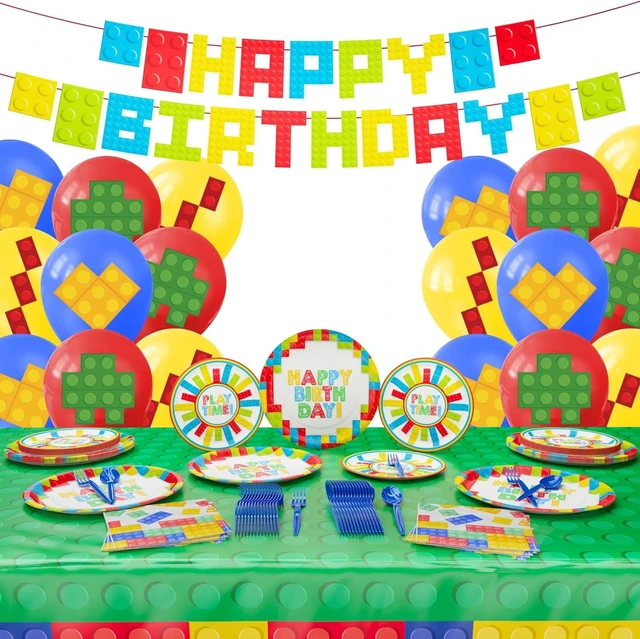 Alt view image 8 of 14 - Building Block Deluxe Party Supplies Pack (137 Pieces for 16 Guests) - Gamer Birthday Decorations, Gamer Party Supplies , Blocks Party Decor, Brick Birthday, Blue Orchards
