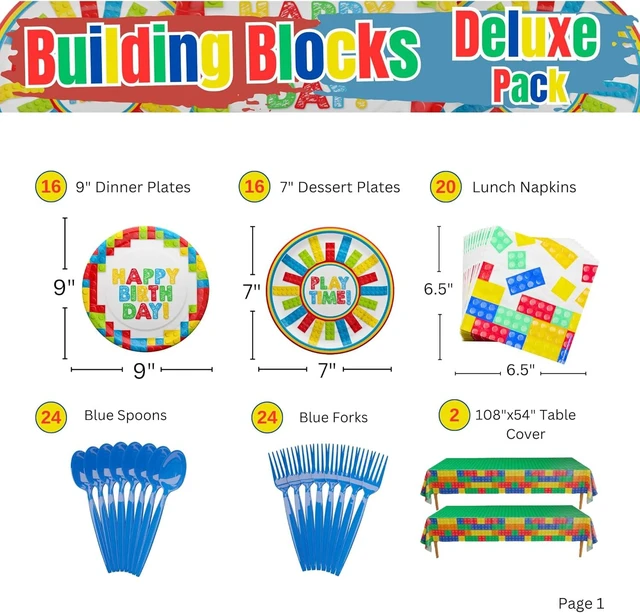 Alt view image 9 of 14 - Building Block Deluxe Party Supplies Pack (137 Pieces for 16 Guests) - Gamer Birthday Decorations, Gamer Party Supplies , Blocks Party Decor, Brick Birthday, Blue Orchards