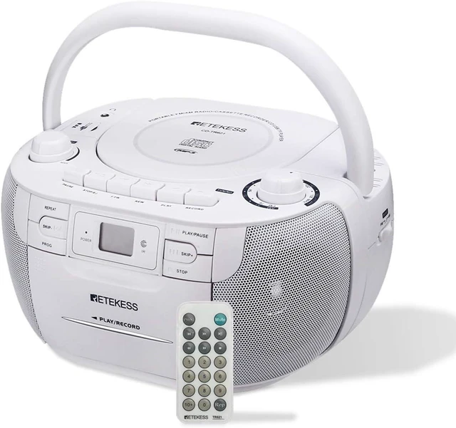 Alt view image 8 of 14 - Retekess TR621 CD and Cassette Player Combo, Boombox CD Player(White) | for Home, AM/FM, Tape Recording, TF/USB Drive, AC or D Battery Powered, Headphone Jack, Stereo Sound