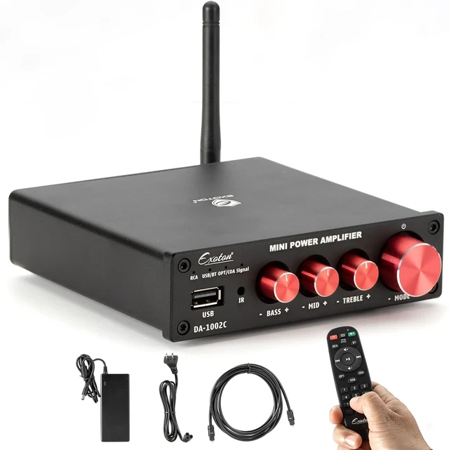 Alt view image 7 of 12 - EXOTON Bluetooth 5.0 Stereo Audio 2 Channel Power Amplifier Receiver, Mini Hi-Fi Class D Integrated Amp 2.0 CH for Passive Speakers, 100W x 2 with Bass and Treble Control (DA1002C)