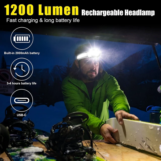Alt view image 9 of 14 - EXIN DECHEN LED Headlamp Rechargeable, 1200 Lumen Super Bright Headlamp Flashlight, 270° Wide Beam LED Headlamps with Red Taillight, 8 Mode Lightweight Waterproof Head Lamp