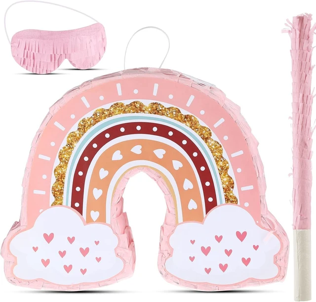 Alt view image 7 of 12 - Threan Rainbow Piñata Pink Rainbow Birthday Party Piñata with Bat Stick Blindfold Boho Theme Birthday Baby Shower Toys Games Party Supplies Decor