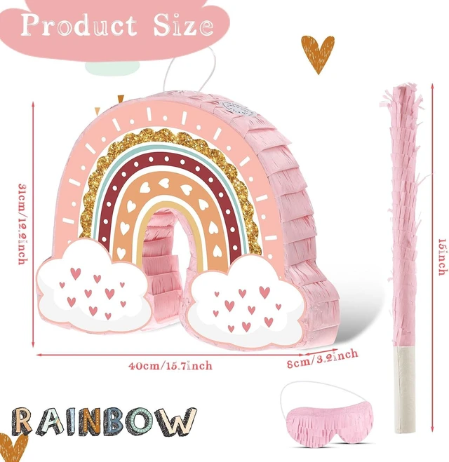 Alt view image 8 of 12 - Threan Rainbow Piñata Pink Rainbow Birthday Party Piñata with Bat Stick Blindfold Boho Theme Birthday Baby Shower Toys Games Party Supplies Decor